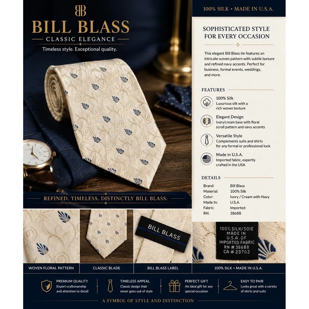 Bill Blass Men's 100% Silk Necktie Ivory Cream Blue Floral Geometric Made USA